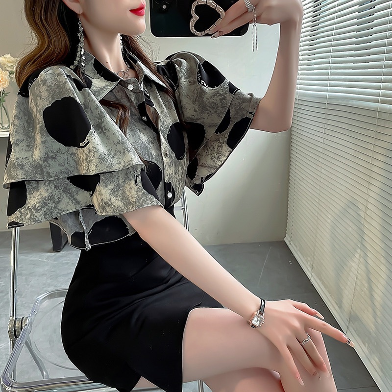 ผู้หญิง ใหม่ เสื้อเชิ้ต นัวเนีย แขนสั้น ผ้าชีฟอง ฤดูร้อน ลำลอง หลวม ปกเสื้อ ทุกการแข่งขัน ย้อนยุค ท็อป แฟชั่น เสื้อผ้าผู้หญิง
