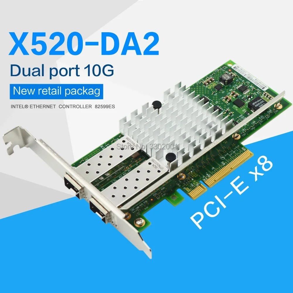 X520-da1 X520-DA2 10G/s SFP + PCIe 2.0 X8 พอร์ตเดียว Intel 82599EN ชิปเซ็ตอะแดปเตอร์เครือข่าย + FTLX