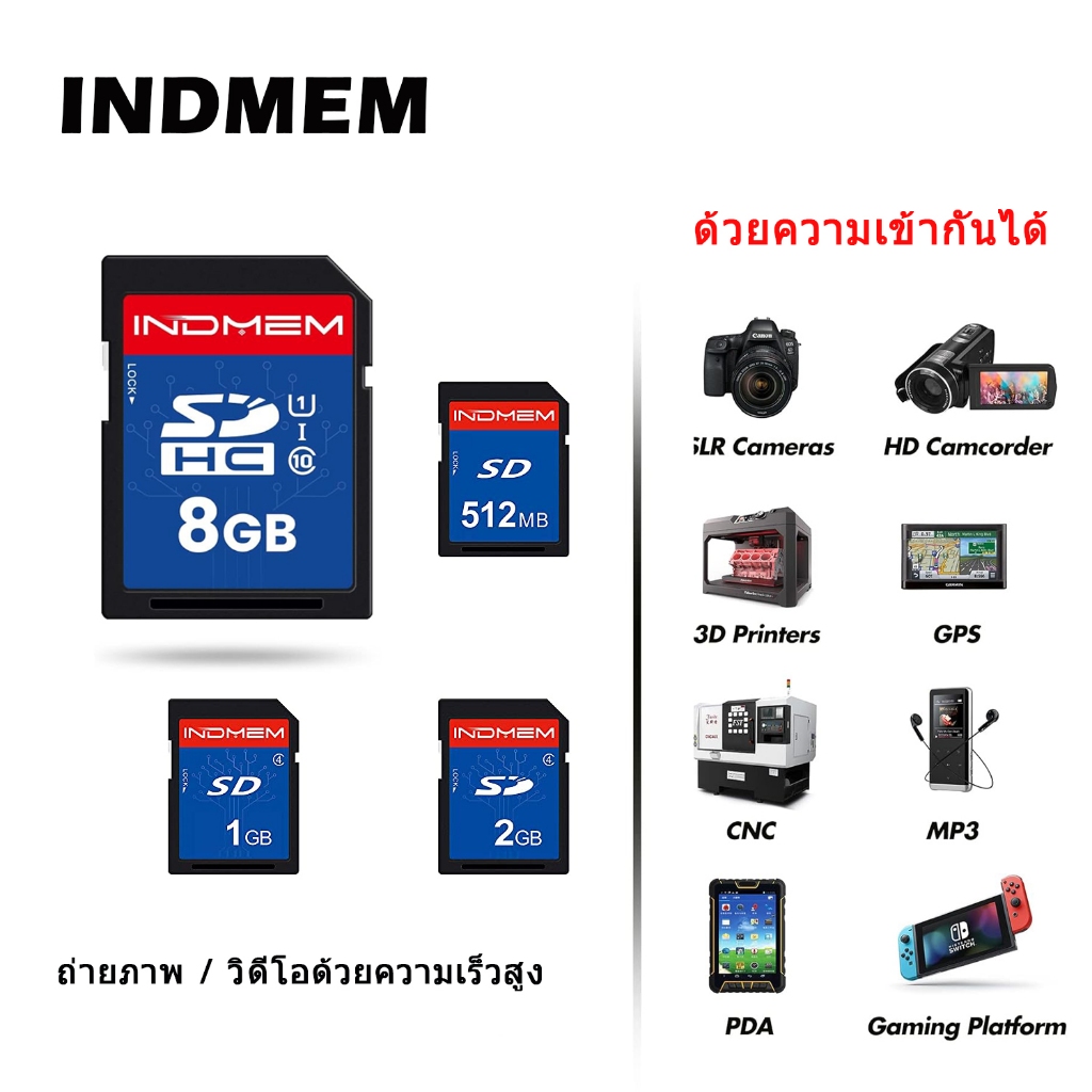 Indmem SD Card 8GB/4GB/1GB/2GB/512MB UHS-I U1 Class 10 8G SDHC Flash Memory Card ใช ้ งานร ่ วมกับกล ้ องดิจิตอล , คอมพิวเตอร ์ , กล ้ อง Trail
