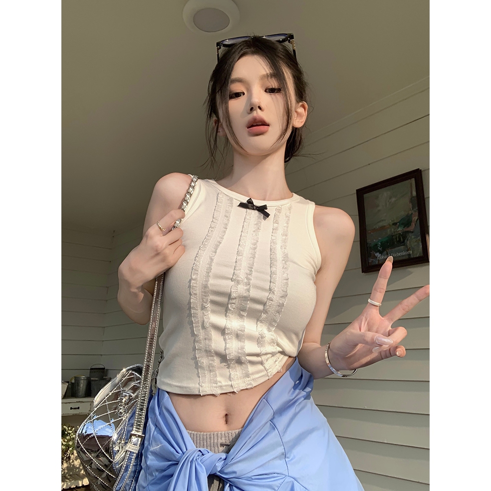 หูกระต่ายเสื้อกั๊กการเย็บปะติดปะต่อกันลูกไม้และลูกไม้ด้านบนแขวนซับด้านล่างยางยืดใหม่