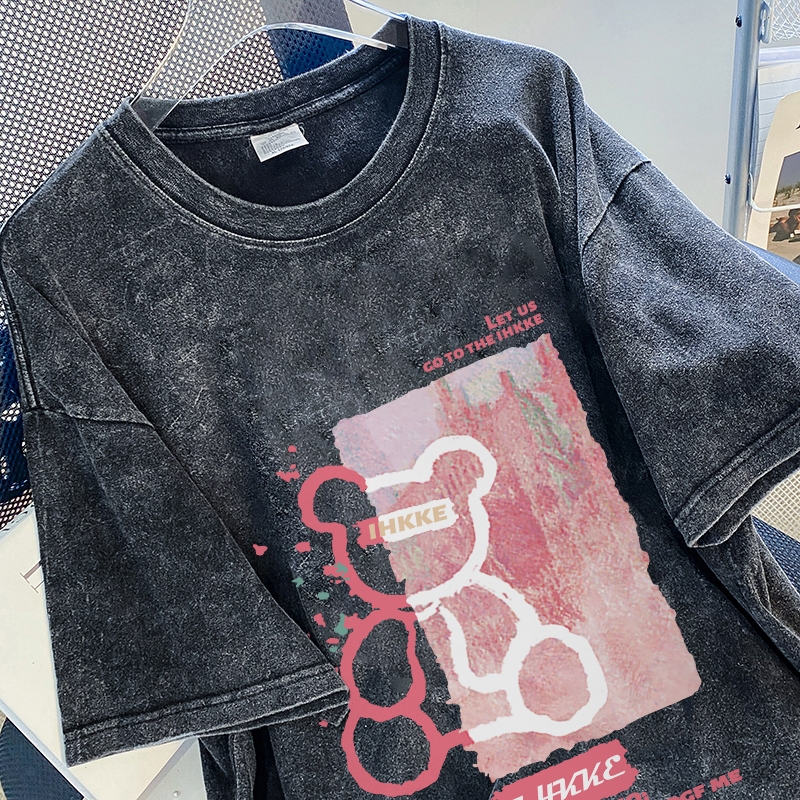TIHIK เสื้อยืดฟอก oversize ลายการ์ตูน cotton100 เนื้อผ้านิ่มม ใส่สบาย A0815-1