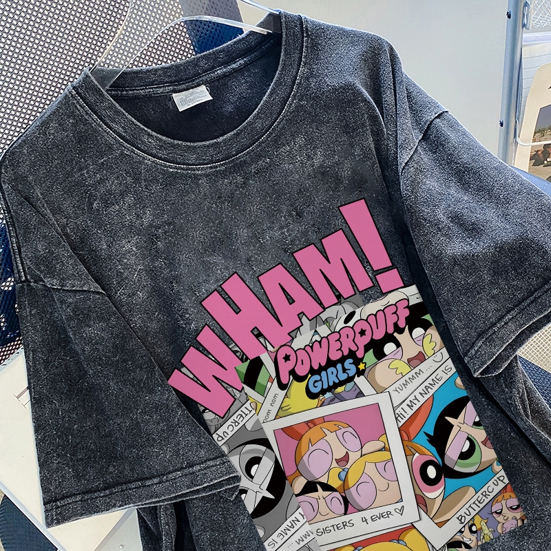 TIHIK เสื้อยืดฟอก oversize ลายการ์ตูน cotton100 เนื้อผ้านิ่มม ใส่สบาย T1256