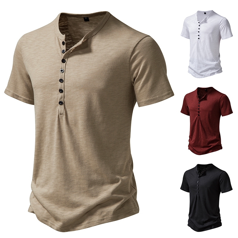 ผู ้ ชายแขนสั ้ น Henry Collar ผ ้ าฝ ้ ายสบาย Breathable แฟชั ่ น Slim-fit