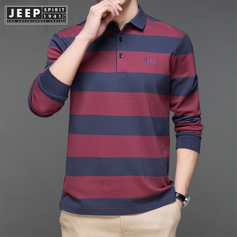 Jeep SPIRIT 1941 ESTD ใหม ่ ผู ้ ชายลายเสื ้ อโปโลแฟชั ่ นลําลองหลวมกระชับเสื ้ อยืดแขนยาวด ้ านบน