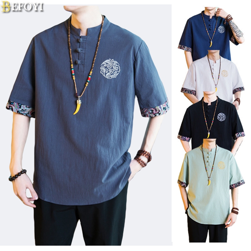 【Local Delivery】ชายเสื้อผ้าฝ้ายผ้าลินินแขนสั้นเสื้อยืดหลวมสบาย ๆ จีนกบฤดูร้อนเย็บปักถักร้อยด้านบนขนา