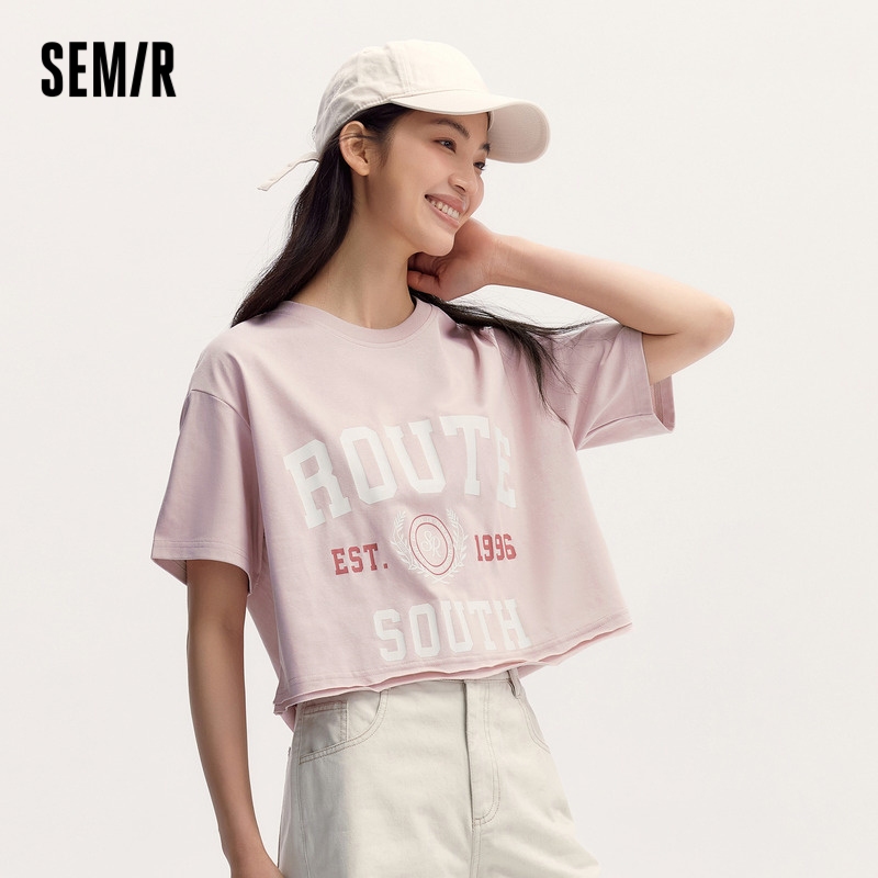 Senma เสื้อยืดแขนสั้นผู้หญิงสั้นพิมพ์ตัวอักษรอเมริกัน 2024 ฤดูร้อนสไตล์ใหม่สไตล์ย้อนยุคเสื้อผ้าหลวม Street