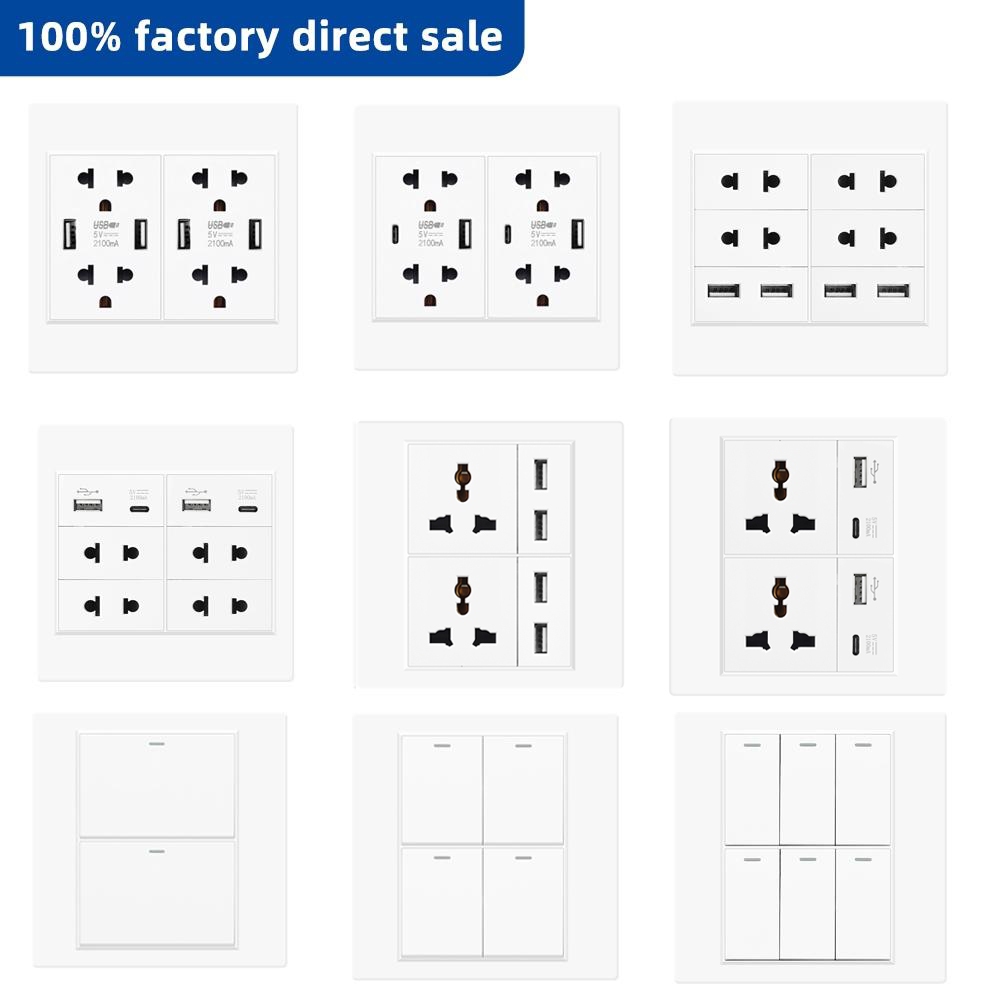 VISWE เต้าปลั๊กไฟ สวิตไฟ ปลั๊กไฟ 2 ขา ปลั๊กไฟ 3 ขา เต้ารับ usb เต้ารับ usb type c white switch,120*120mm แผงพลาสติก