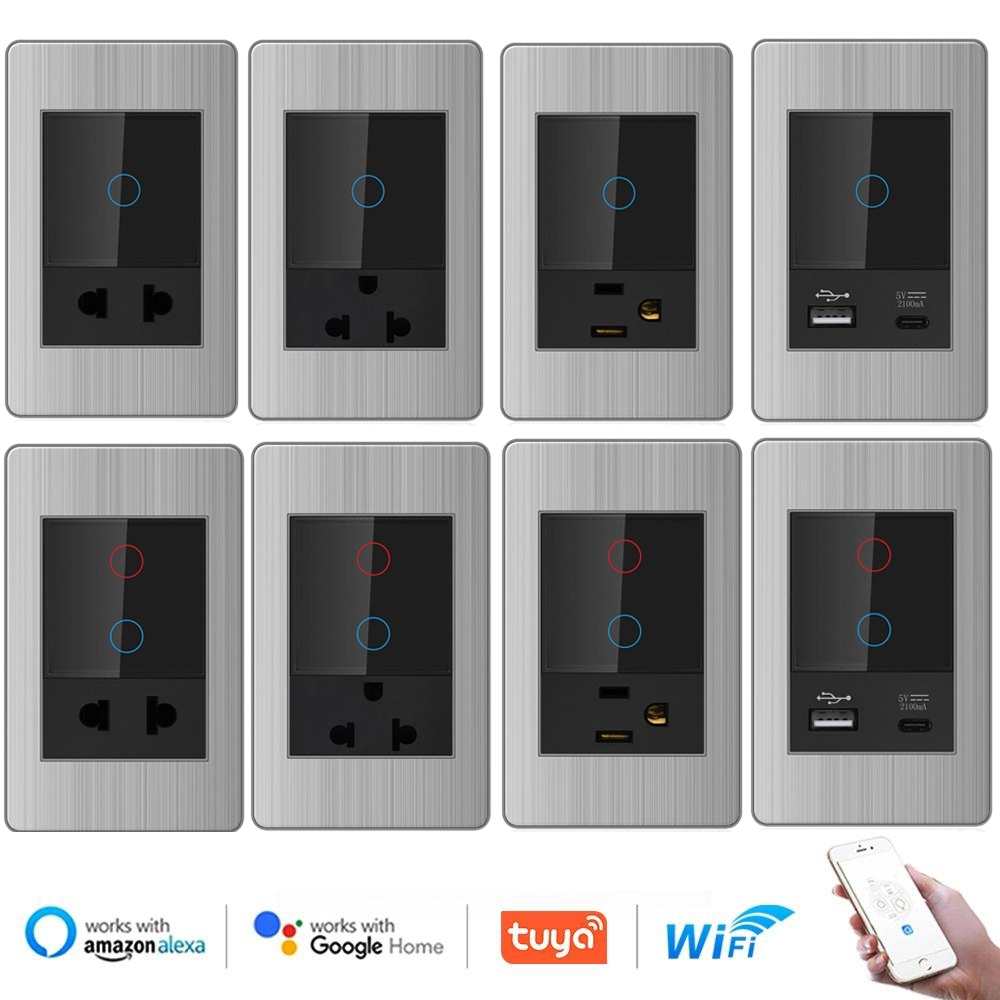 VISWE smart switch tuya smart switch tuya switch wifi switch tuya wifi smart switch wifi เต้ารับ usb type c ปลั๊กไฟ 2 ขา ปลั๊กไฟ 3 ขา black switch，118*72mm แผงสแตนเลส