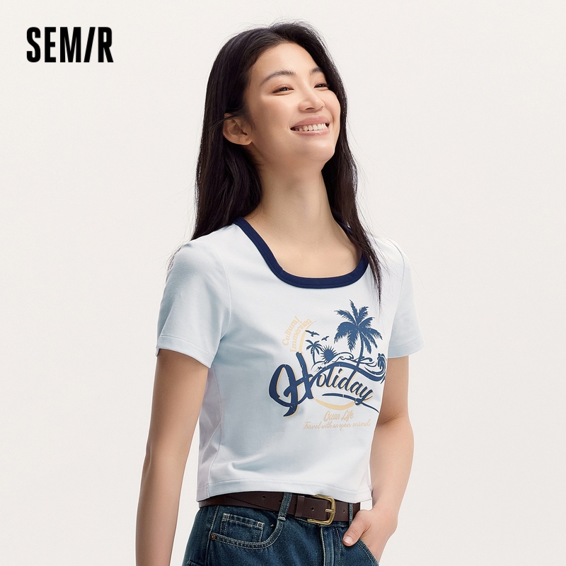 Senma เสื้อยืดแขนสั้นผู้หญิงสั้นพิมพ์อเมริกันย้อนยุค 2024 ฤดูร้อนสไตล์ใหม่สีคมชัด U-คอ Slim-fit เสื้อผ้าสาวร้อน
