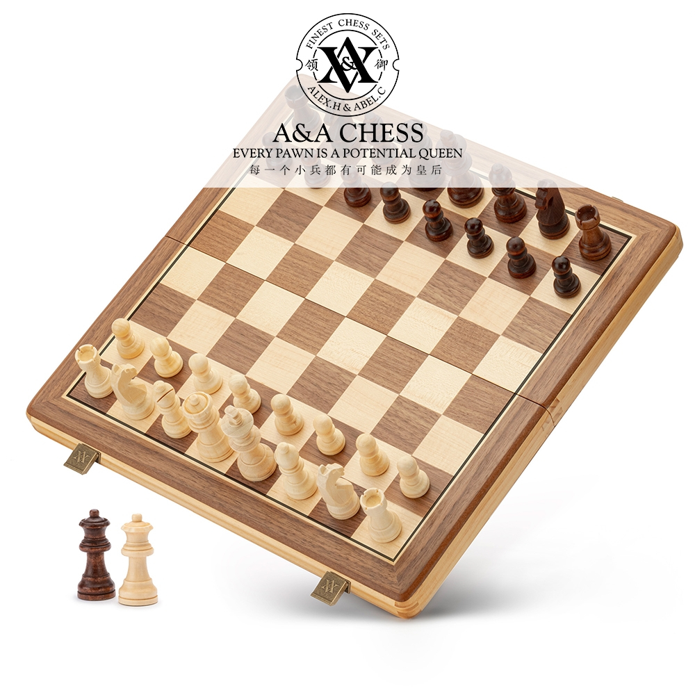 A&amp;A 38 * 38cm Magnetic Wooden Chess Set/Folding Board / 7.6cm King Height German Knight Staunton Chess Pieces/2 Extra Queen