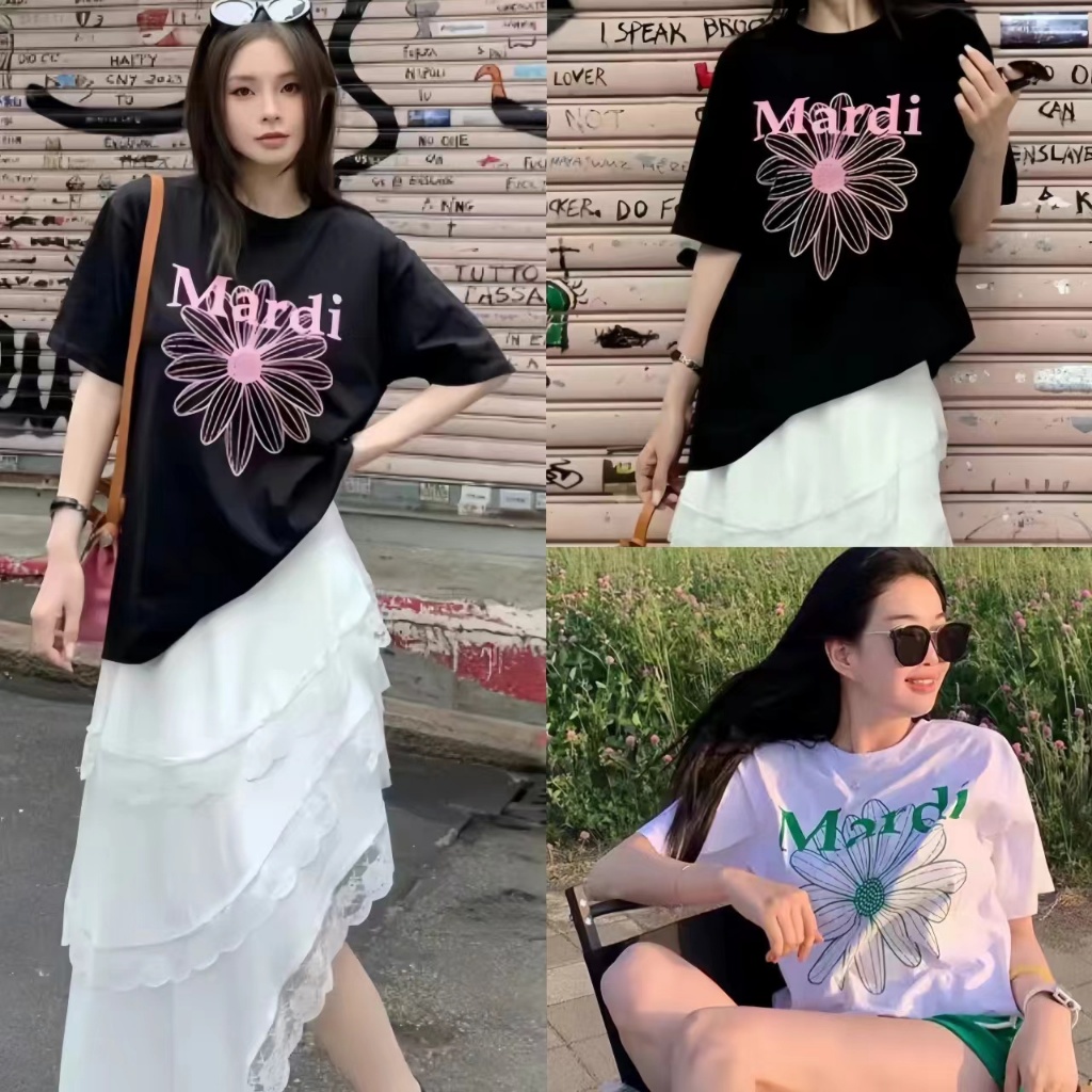 Luna shop T-shirt เสื้อพิมพ์ลายดอกเดซี่ฤดูร้อนเวอร์ชั่นเกาหลีใหม่ปี 2024 พร้อมดีไซน์แขนสั้นอเนกประสงค์