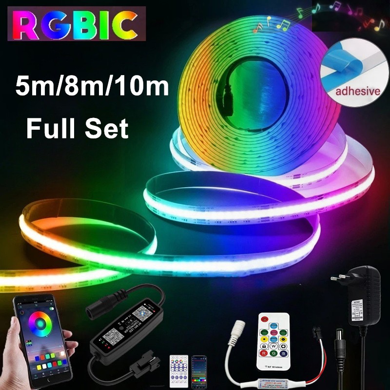 5/8/10 ม. ชุดเต็มหรี่แสงได้ RGBIC ไฟ LED Strip พร้อมตัวควบคุมบลูทูธ & อะแดปเตอร์ไฟ ตั้งค่าอารมณ์ด้วยแถบไฟ LED COB อเนกประสงค์สําหรับห้องนอน ห้องนั่งเล่นหรือห้องเล่นเกม
