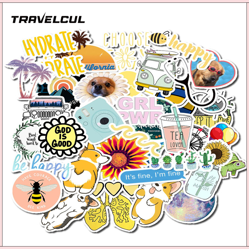 Travelcul 50 ชิ้นเครื่องเขียนสติกเกอร์สติกเกอร์กระเป๋าเดินทางการ์ตูนน่ารักสดกันน้ําโน้ตบุ๊คบัญชีมือสติกเกอร์