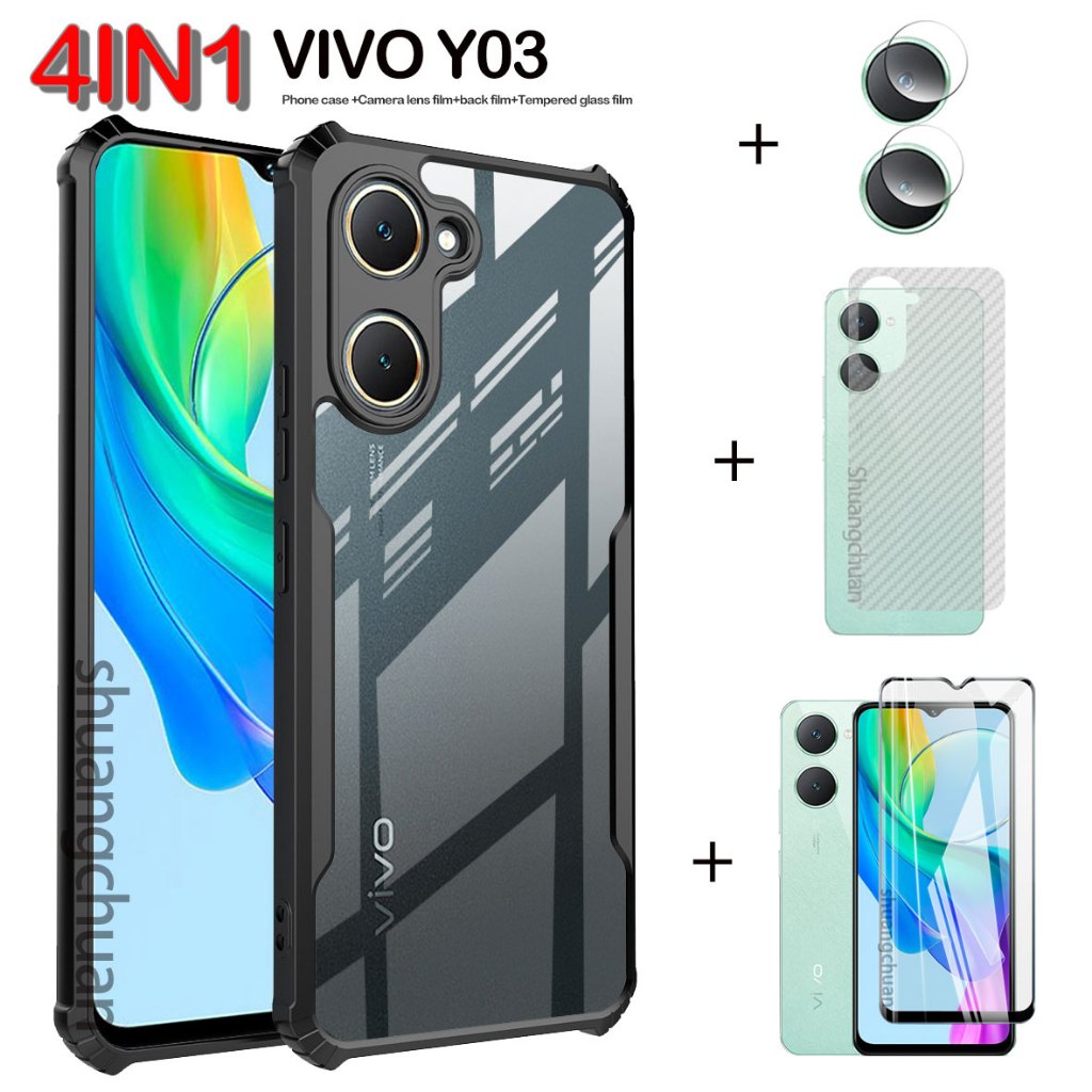 4in1 สําหรับ VIVO Y03 กรณีและกระจกนิรภัยแบบเต็มหน้าจอฟิล์มกระจกนิรภัย+เลนส์กล้องฟิล์ม+ฟิล์มด้านหลัง 