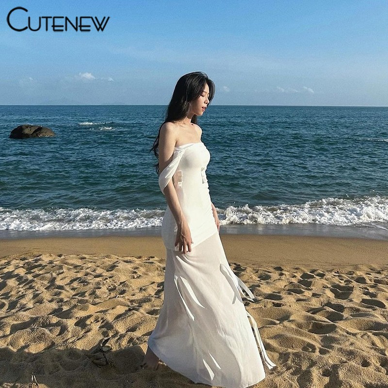Cutenew ชุดเดรสยาว เปิดไหล่ เปิดหลัง สีขาว ดํา สําหรับผู้หญิง