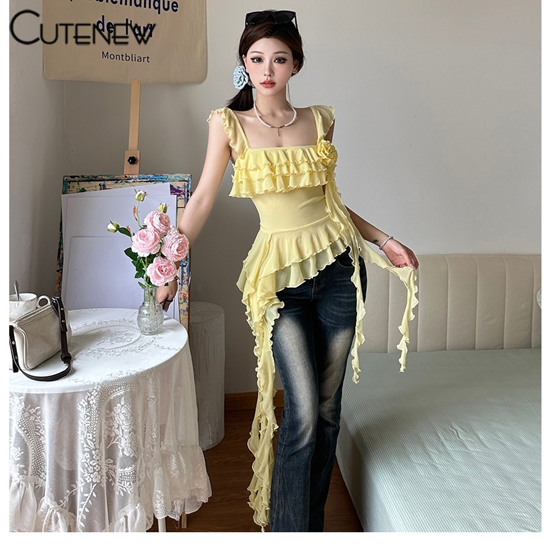 Cutenew ไม ่ สม ่ ําเสมอตัด Ruffle Tank Top ผู ้ หญิงฤดูร ้ อนแขนกุด Slim Fit Top Streetwear ชุด