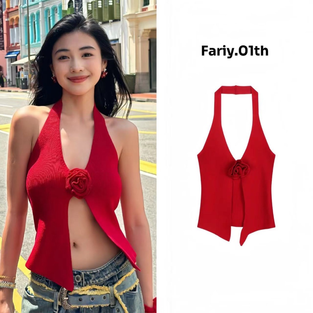 Fariy （ไทยส่ง）เสื้อคล้องคอไหมพรม ดีเทลเว้าหน้า คอวีสีแดงผ่าหลังเชือกแขวนคอคอถักเสื้อชั้น