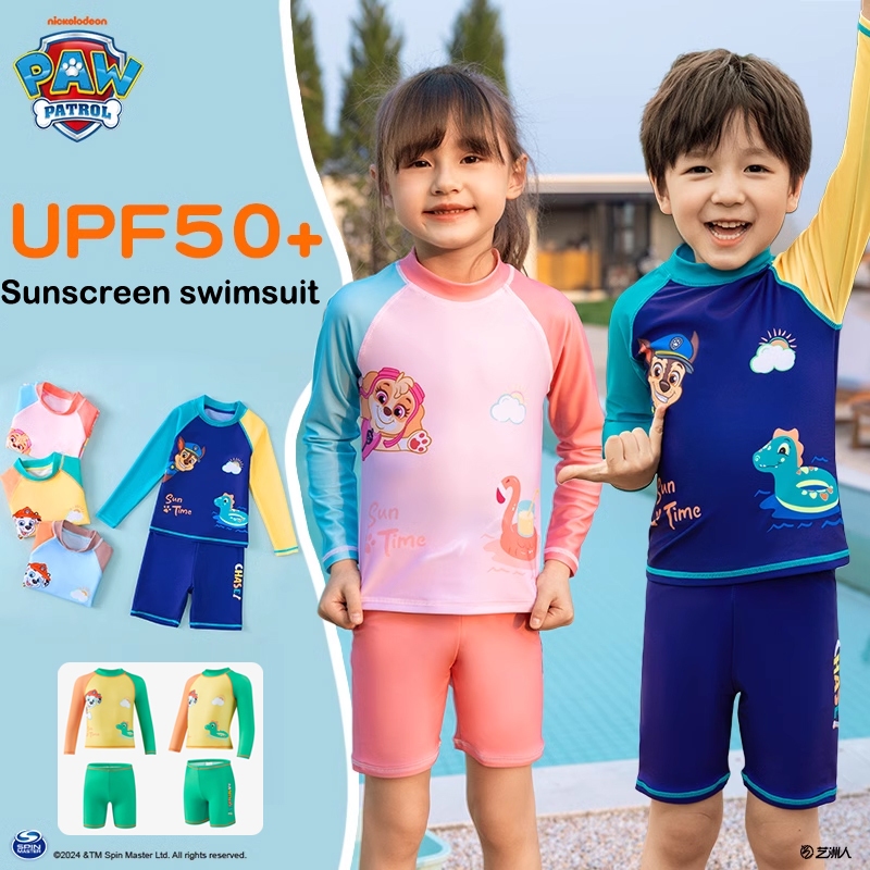 อุ้งเท้า ลาดตระเวน ชุดว่ายน้ําแยกแขนยาวสําหรับเด็กพร้อมหมวกว่ายน้ําชุดสองชิ้น2023ชุดว่ายน้ําแยกชุดน้ําพุร้อน