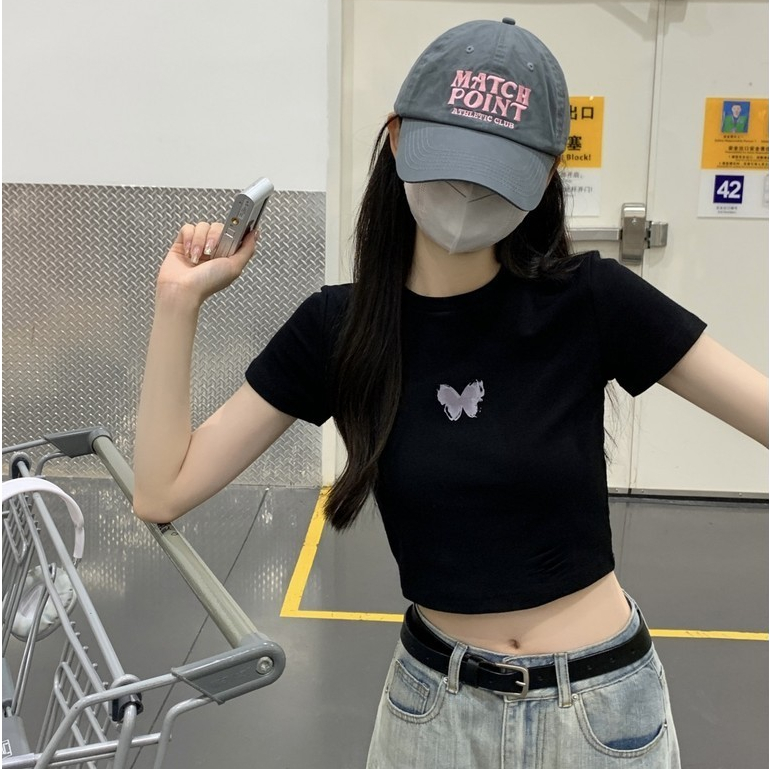 【WJZ】เสื้อยืดแขนสั้นทรงสลิมฟิตพิมพ์ลายผีเสื้อแฟชั่นเกาหลีส รูปที่ 4