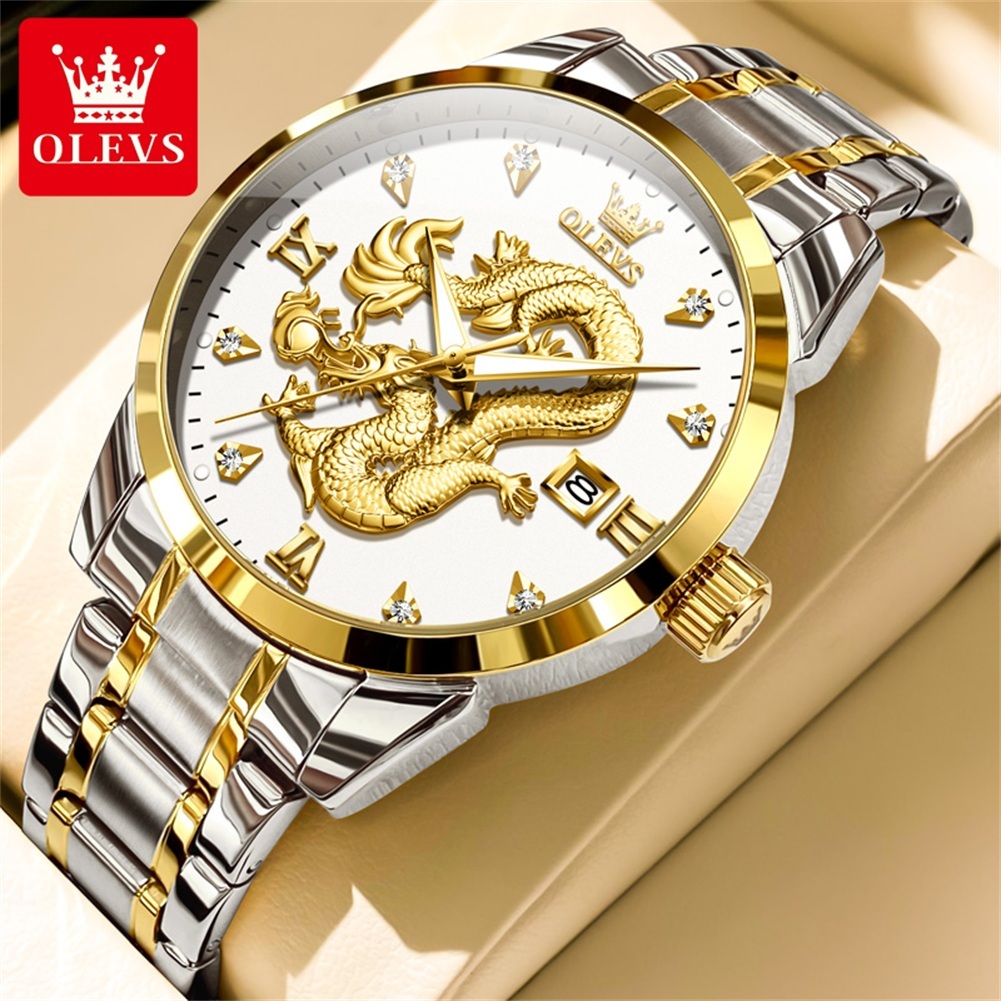 OLEVS นาฬิกาข้อมือผู้ชาย กันน้ำ 100% ของแท้ ส่องสว่าง เพชร มังกรทอง ปฏิทิน สายสแตนเลส/สายหนัง ​​นาฬิกาข้อมือ รุ่น 3619
