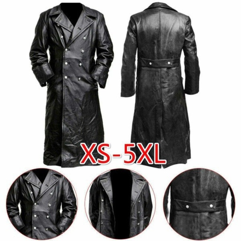ผู ้ ชายเยอรมัน CLASSIC WW2 ทหาร UNIFORM OFFICER สีดําหนัง TRENCH COAT