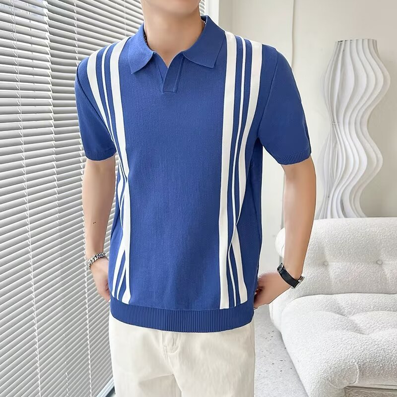 ฤดูร้อนลาย Contrast สี Lapel ถักเสื้อโปโล V คอครึ่งแขนผ้าไหมน้ําแข็ง Breathable Casual All-Match เสื้อโปโล H