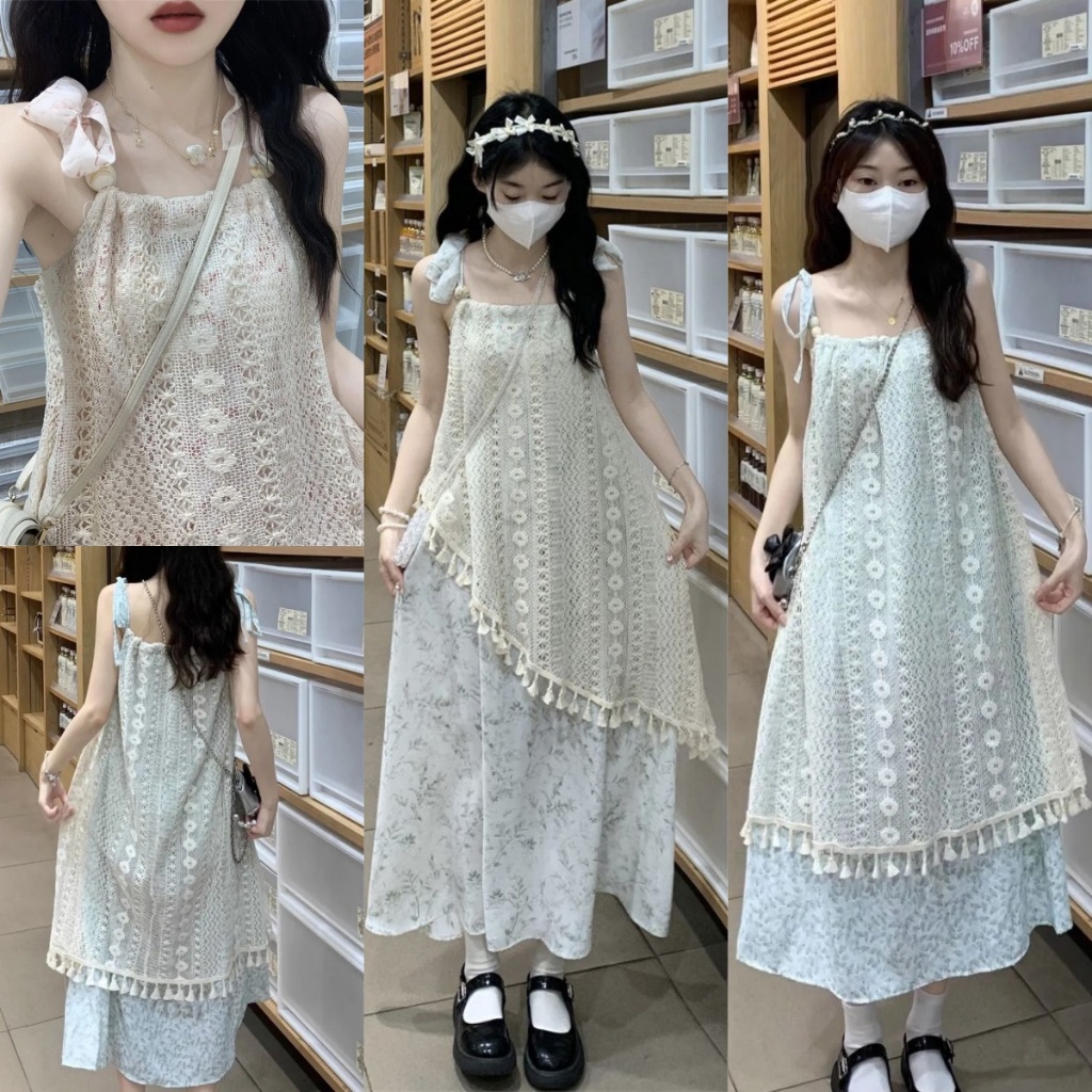 ชุดเดรสสายเดี่ยวลูกไม้กลวงเย็บไม่สม่ำเสมอลายดอกไม้อารมณ์หวานกระโปรงยาวฤดูร้อนเย็บพู่ย้อนยุค
