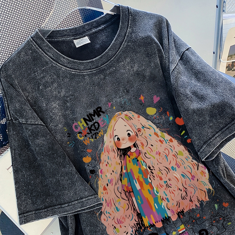 TIHIK เสื้อยืดฟอก oversize ลายการ์ตูน ผ้าฝ้าย เสื้อยืดแขนสั้นลายการ์ตู ไซซ์ M-2XL T1331