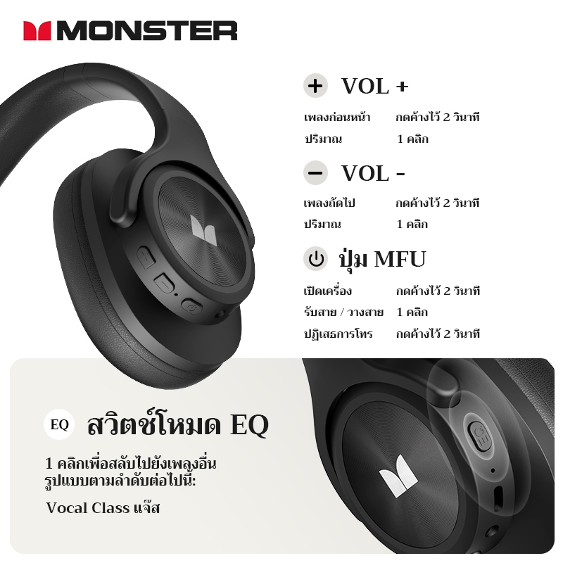 Monster MISSION 200 หูฟังบลูทูธ Bluetooth 5.3 3EQ Noise Reduction Headphone Low Latency Gaming หูฟัง with MIC หูฟังครอบหู