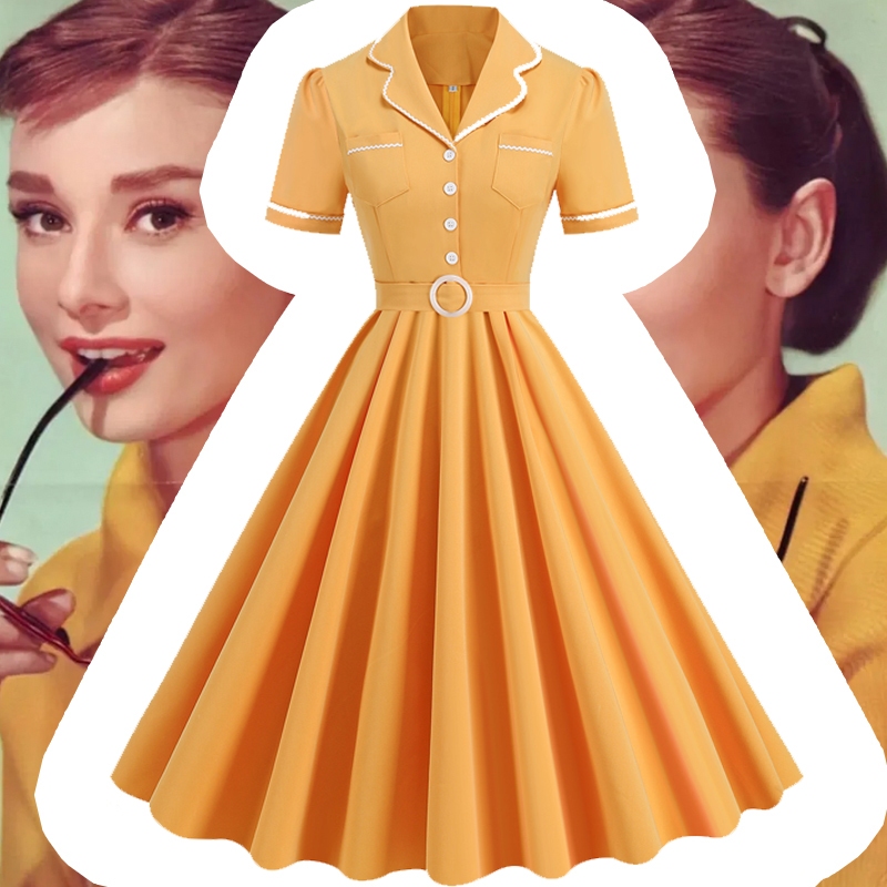 Baju Prom Vintaj ~ คุณภาพสูง ~ Retro Vintage จีบ Prom Dress Hepburn Lattice คอปกแขนสั้นผูกเสื้อขนาดใ