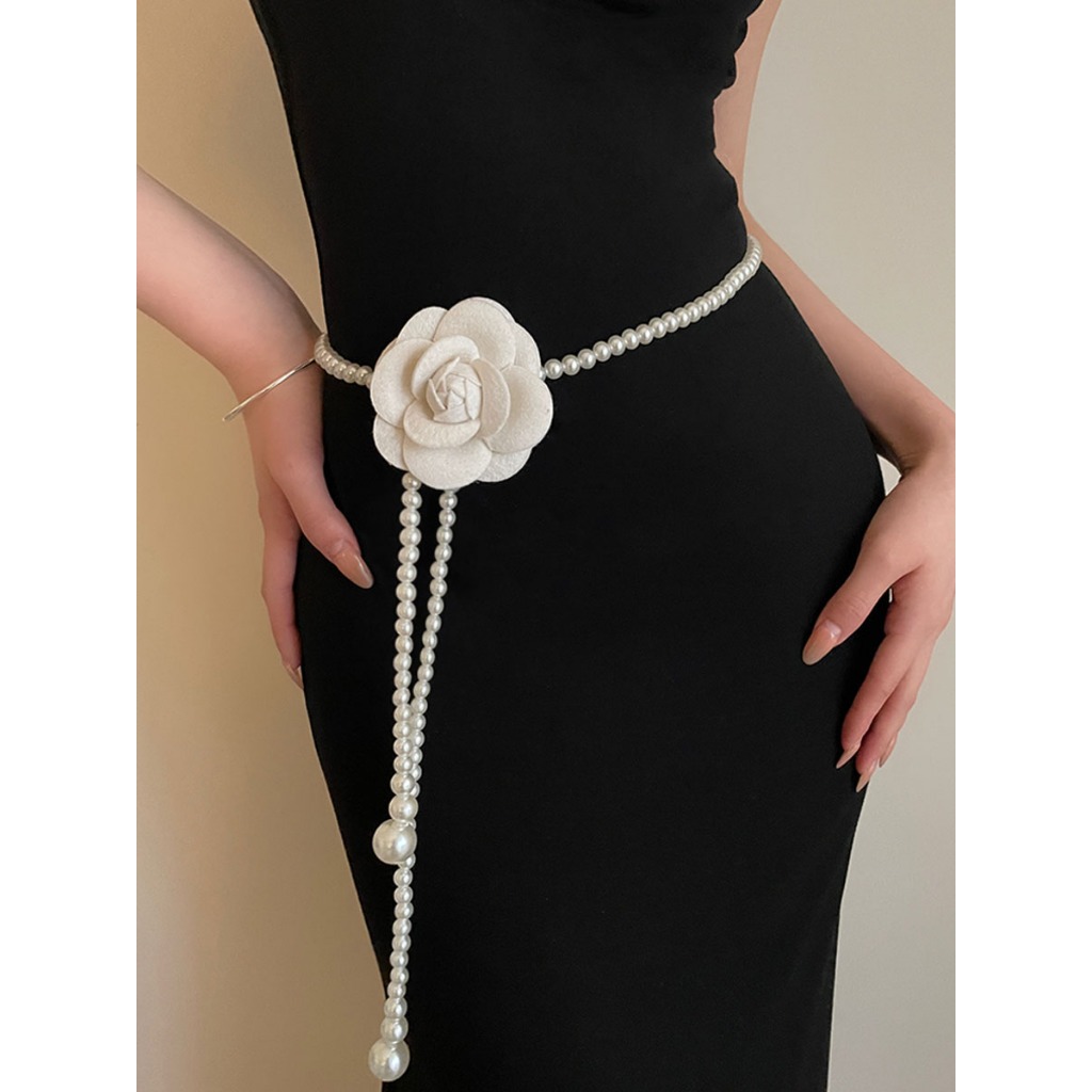 Camellia Pearl เอวโซ่หญิงเกาหลีรุ่น All-Match กระโปรงหวานตกแต่งเข็มขัดบางเอวแคบ Slimmer ดูขนาดเล็กอุปกรณ์เสริมน้ําหอม