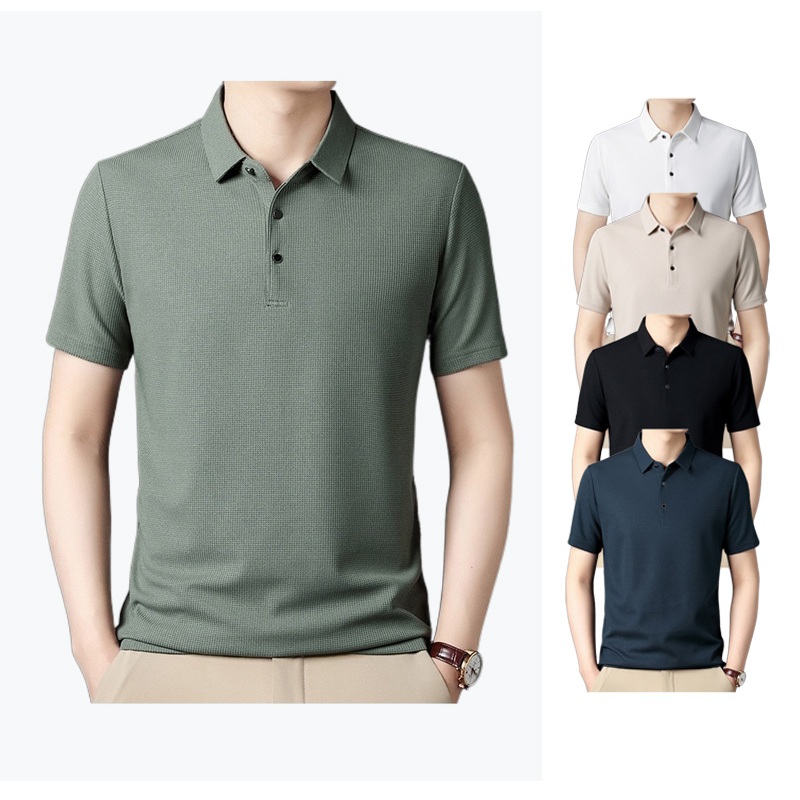 เสื้อคอปกวาฟเฟิลสำหรับผู้ชายโปโลแขนสั้นสไตล์เกาหลีหวีสิ่งทอลายทแยงเสื้อสีทึบหลวมแบรนด์แฟชั่นยอดนิยมสินค้าใหม่  SZ001