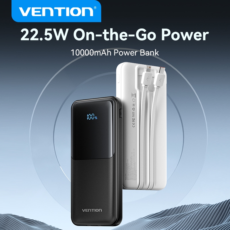 Vention Power Bank พร ้ อมสายเคเบิล 20000mAh PD 22.5W Fast Charging ในตัว Dual-Cable เข้ากันได้ iPhone16 Samsung