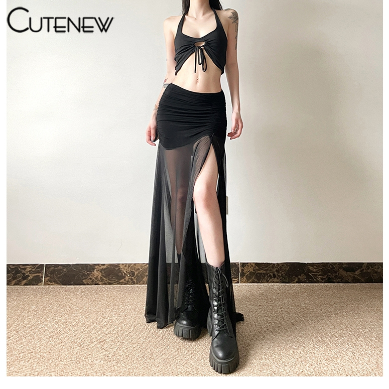 Cutenew เซ็กซี่ตาข่าย Patchwork Side Slit กระโปรงยาวผู้หญิงฤดูร้อนสีดําอเนกประสงค์ Basic Ruched ไม่สม่ําเสมอ Midi กระโปรง