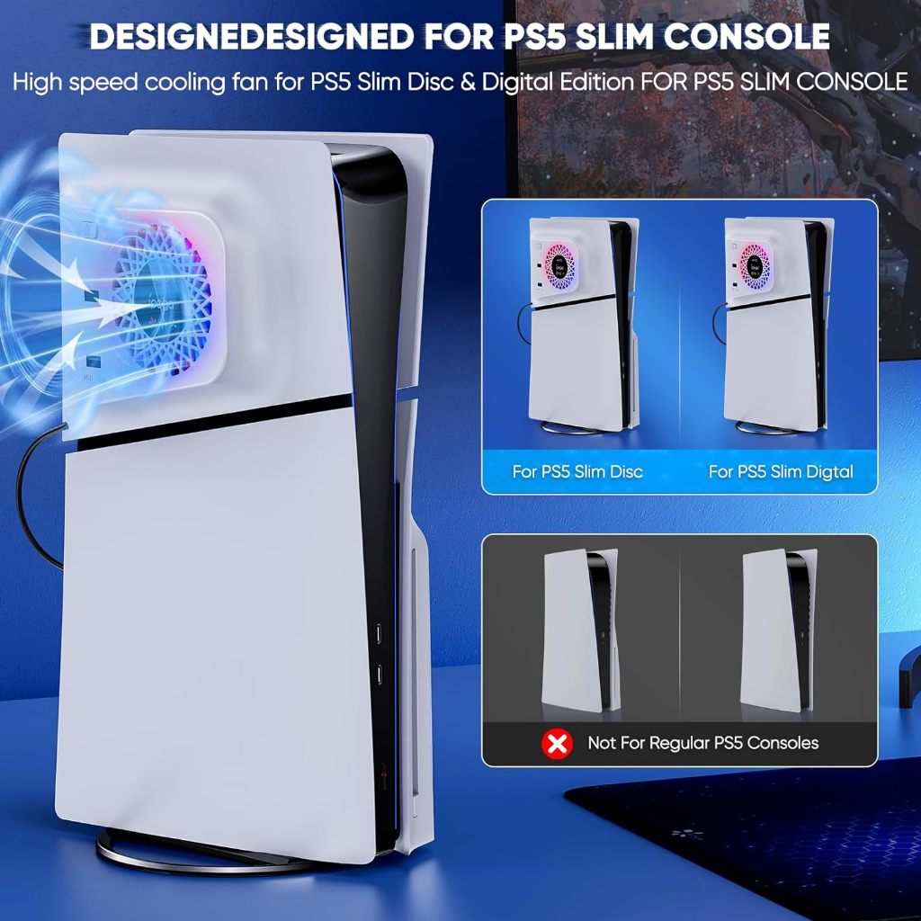 RGB พัดลมระบายความร้อน พร้อมแผงปิดสำหรับเครื่องเล่น PS5 Slim Digital/Disc ปรับความเร็วอัตโนมัติตามเซ็นเซอร์อุณหภูมิ, 3 ระดับความเร็วด้วยตนเอง และฮับ USB 3.0