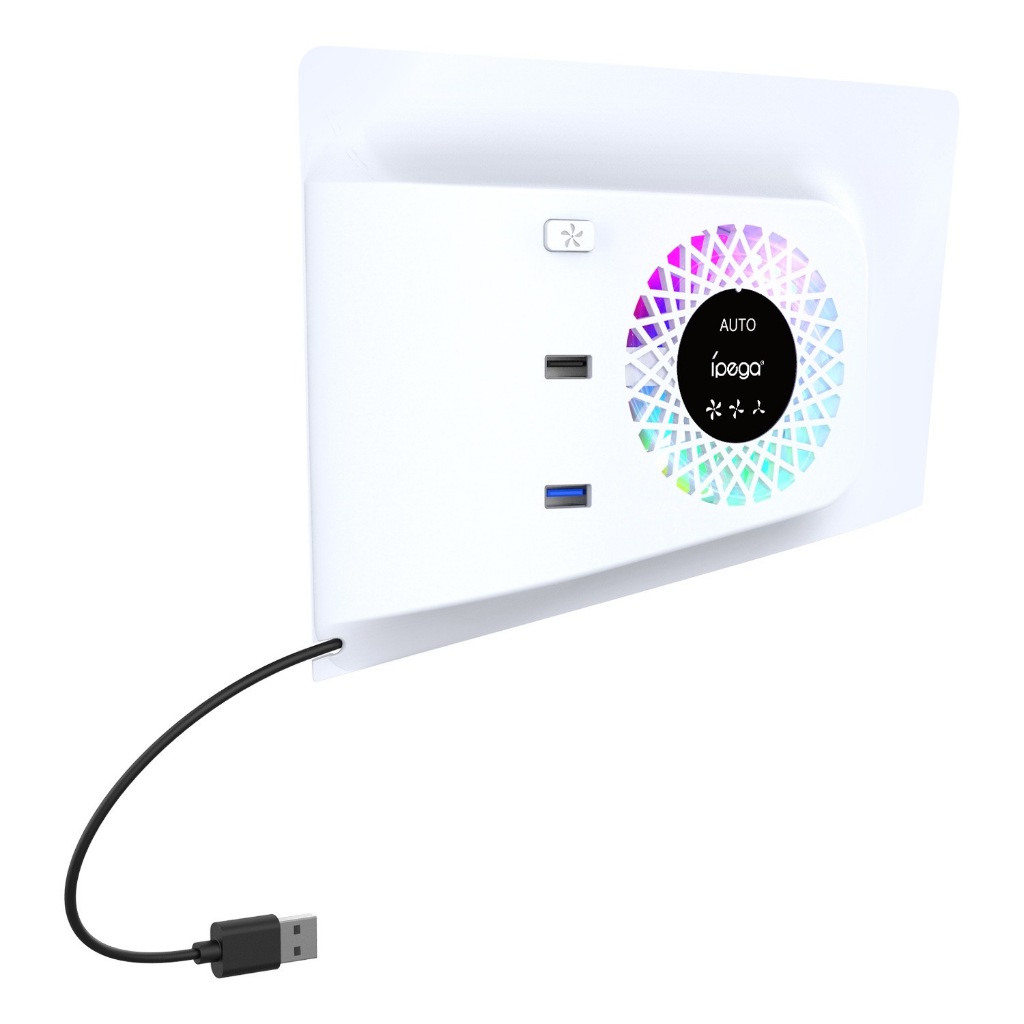 RGB พัดลมระบายความร้อน พร้อมแผงปิดสำหรับเครื่องเล่น PS5 Slim Digital/Disc ปรับความเร็วอัตโนมัติตามเซ็นเซอร์อุณหภูมิ, 3 ระดับความเร็วด้วยตนเอง และฮับ USB 3.0