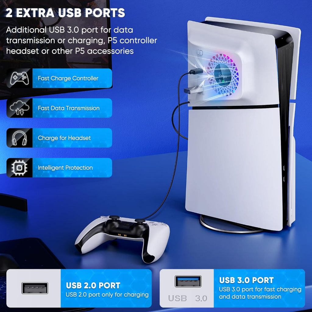 RGB พัดลมระบายความร้อน พร้อมแผงปิดสำหรับเครื่องเล่น PS5 Slim Digital/Disc ปรับความเร็วอัตโนมัติตามเซ็นเซอร์อุณหภูมิ, 3 ระดับความเร็วด้วยตนเอง และฮับ USB 3.0