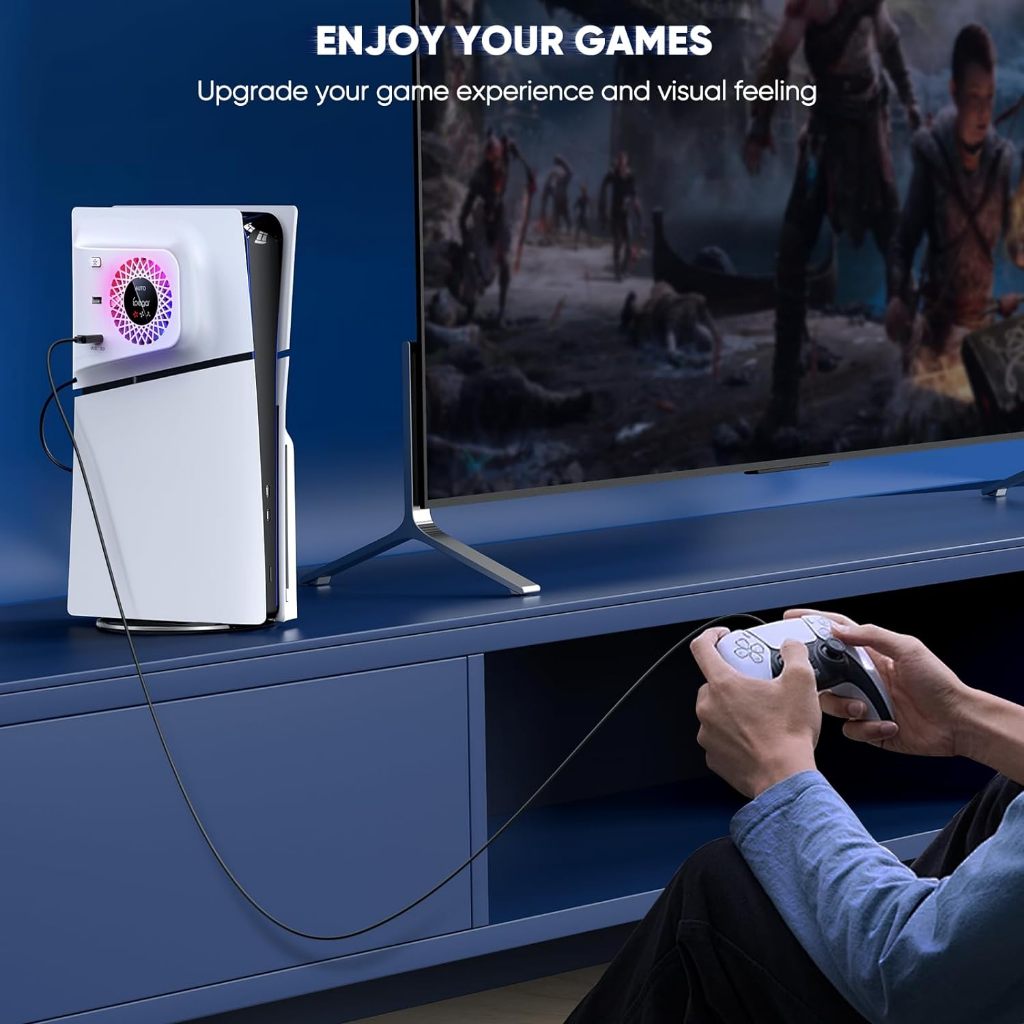 RGB พัดลมระบายความร้อน พร้อมแผงปิดสำหรับเครื่องเล่น PS5 Slim Digital/Disc ปรับความเร็วอัตโนมัติตามเซ็นเซอร์อุณหภูมิ, 3 ระดับความเร็วด้วยตนเอง และฮับ USB 3.0