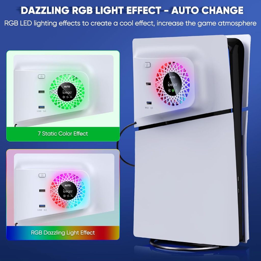 RGB พัดลมระบายความร้อน พร้อมแผงปิดสำหรับเครื่องเล่น PS5 Slim Digital/Disc ปรับความเร็วอัตโนมัติตามเซ็นเซอร์อุณหภูมิ, 3 ระดับความเร็วด้วยตนเอง และฮับ USB 3.0