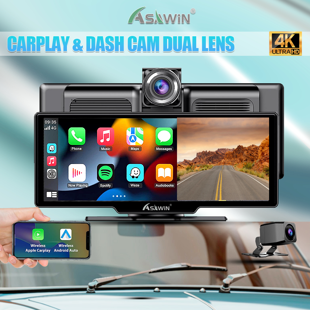 Asawin Carplay 4K Dash Cam WIFI Android Apple 10.26 ด ้ านหน ้ าและด ้ านหลังดูกล ้ องควบคุมเสียงบลู