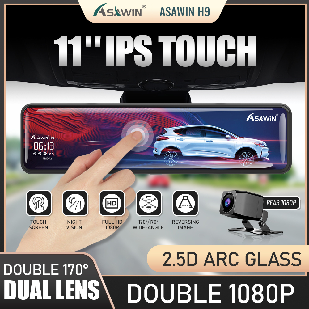 Asawin H9-ST 11นิ้ว เต็มจอ กระจกมองหลัง กล้องติดรถยนต์ FHD 1080P หน้าและหลัง สำหรับ เครื่องบันทึกภาพในรถยนต์ โหมดจอด 24 ชม ทัชสกรีน การมองเห็นตอนกลางคืน