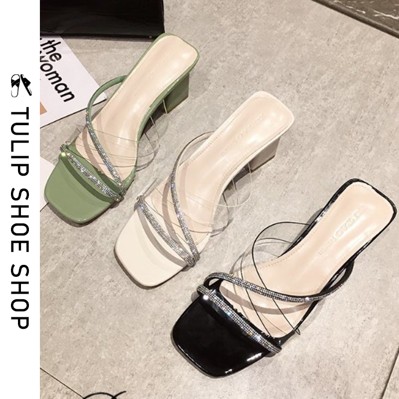 🚚ส่งไวจากไทย รองเท้าส้นสูง หัวเหลี่ยม สีโปร่งใส แบบเรียบง่าย แฟชั่นฤดูร้อน สไตล์เกาหลี สําหรับผู้หญิง