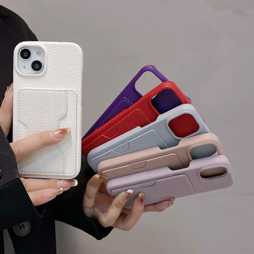 W รูปร่างช่องเสียบการ์ด Litchi Grain หนังสําหรับ iPhone 15 14 13 Pro Max 13 Mini 14 15 Plus ด้านบนและด้านล่างที่ว่างเปล่า Hard เคสกันกระแทก
