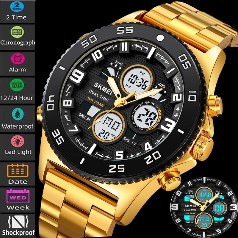 Skmei ผู ้ ชายควอตซ ์ กีฬานาฬิกาสแตนเลส 3 ATM กันน ้ ําดิจิตอล Analog จอแสดงผล Led Chronograph นาฬิกาข ้ อมือ Dual Time