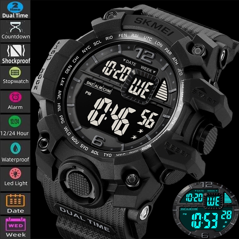 Skmei Dual Time นาฬิกากีฬาสําหรับ Man แฟชั ่ น TPU สายขนาดใหญ ่ Dial 50M กันน ้ ํา Led Chrono นาฬิกาปลุกดิจิตอล
