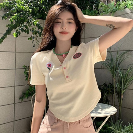 Rommers เกาหลีคอวีแขนสั้นเสื้อยืดเซ็กซี่อารมณ์สั้นด้านบน