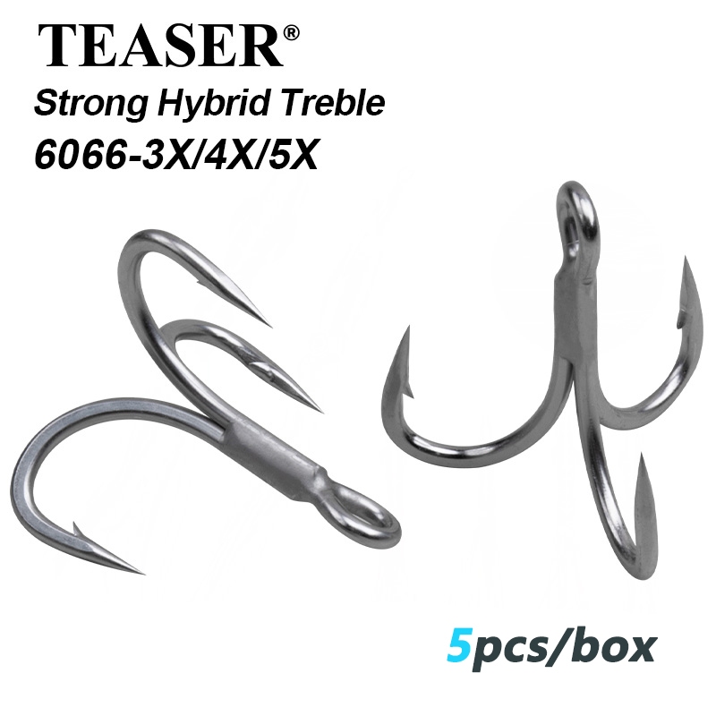 TEASER 5 ชิ้น 6066-3X/4X/5X Strong Hybrid Treble Hooks 8 #-5/0 # MT/BT/UA เหล็กคาร์บอนสูงพร้อม Burrs Hook ตกปลาทะเล Treble Hook