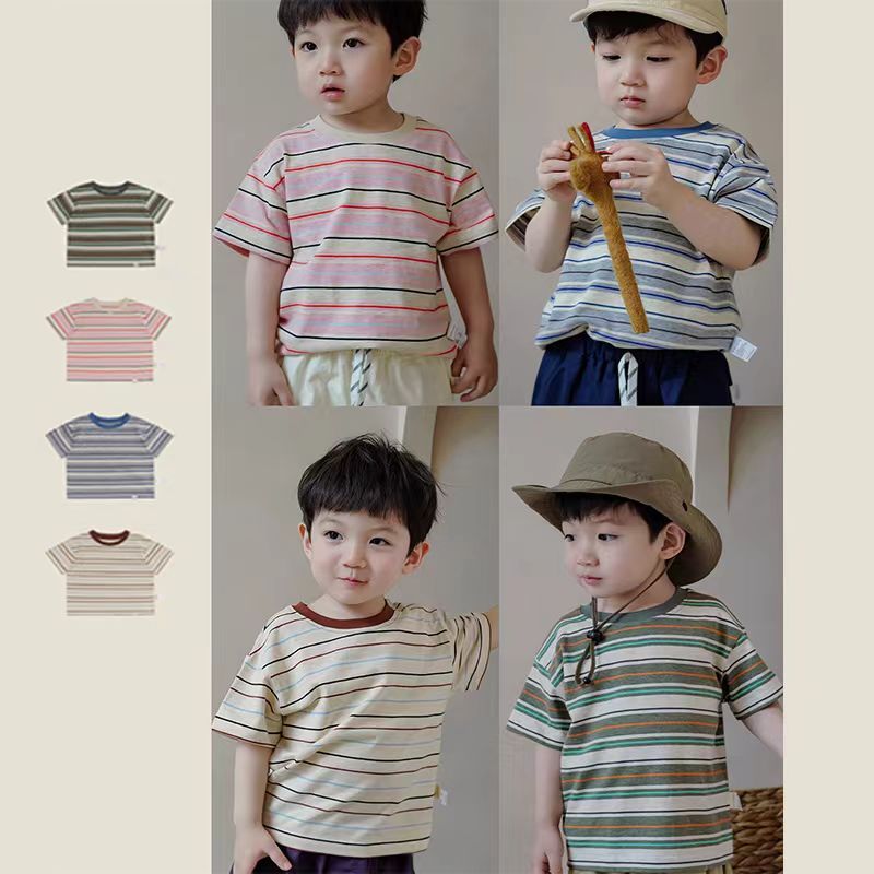 Retro Contrast สีผสมสีลาย T บางแขนสั ้ นฤดูร ้ อนเด ็ กทารกเด ็ กวัยหัดเดินเด ็ กผู ้ หญิงเด ็ กทารก