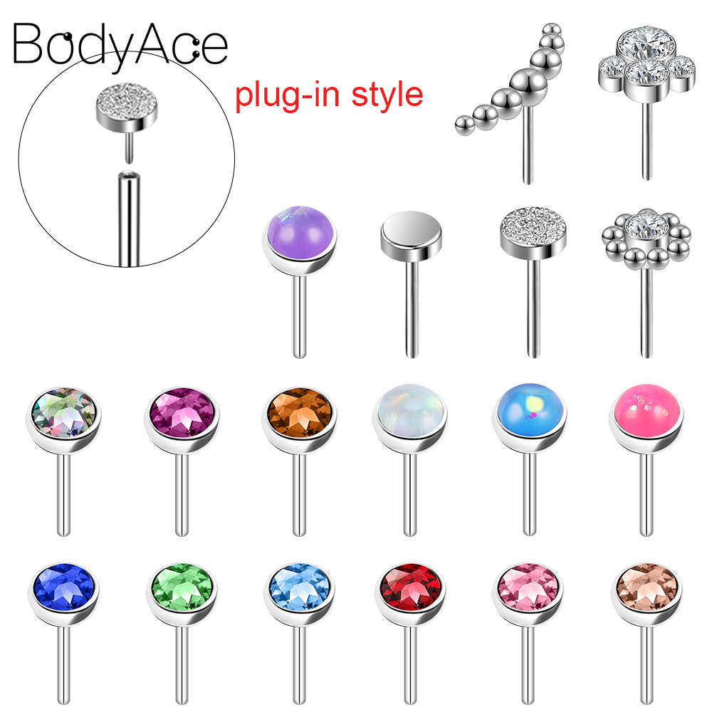 Bodyace 1 PC คริสตัล Threadless อุปกรณ ์ เสริม Plug-in สไตล ์ แหวน Lip เปลี ่ ยนสแตนเลส Labret Lip Stud Top กระดูกอ ่ อน Helix เจาะ
