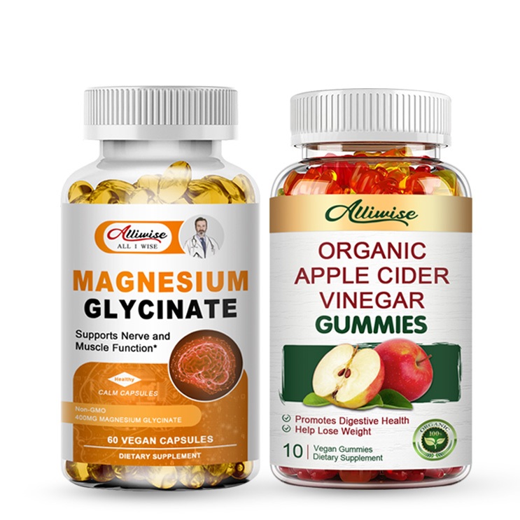 Allwisise Magnesium Glycinate Capsules &amp; Apple Cider Vinegar Gummies สนับสนุนความพยายามลดน ้ ําหนักและสุขภาพ Gut - รองรับการย ่ อยอาหาร , ดีท ็ อกซ ์ &amp; ทําความสะอาดสําหรับความเครียด , ผ ่ อนคลาย , กล ้ ามเนื ้ อ